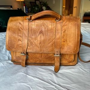 Vintage hand tooled tan briefcase